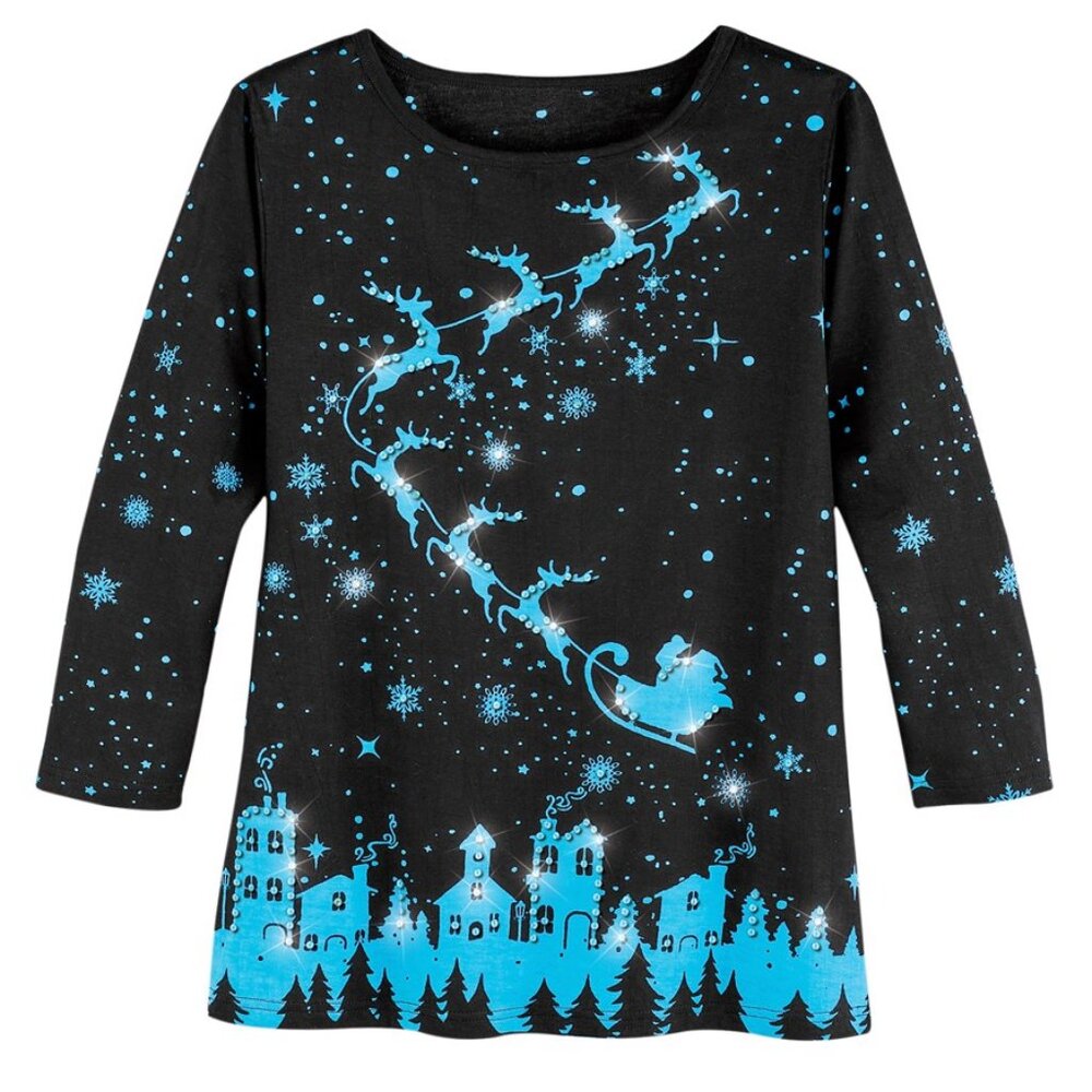 New XXL Santa Sleigh Ride Sparkling Christmas Holiday Spirit 3/4 Sleeves Top